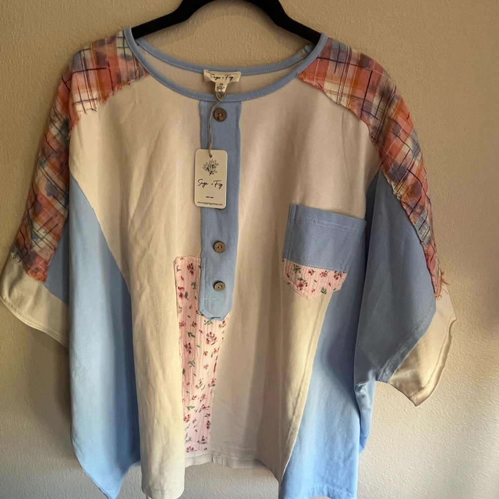 125. NWT Sage + Fig Blue & Cream Patchwork Button-Front Short Sleeve Top